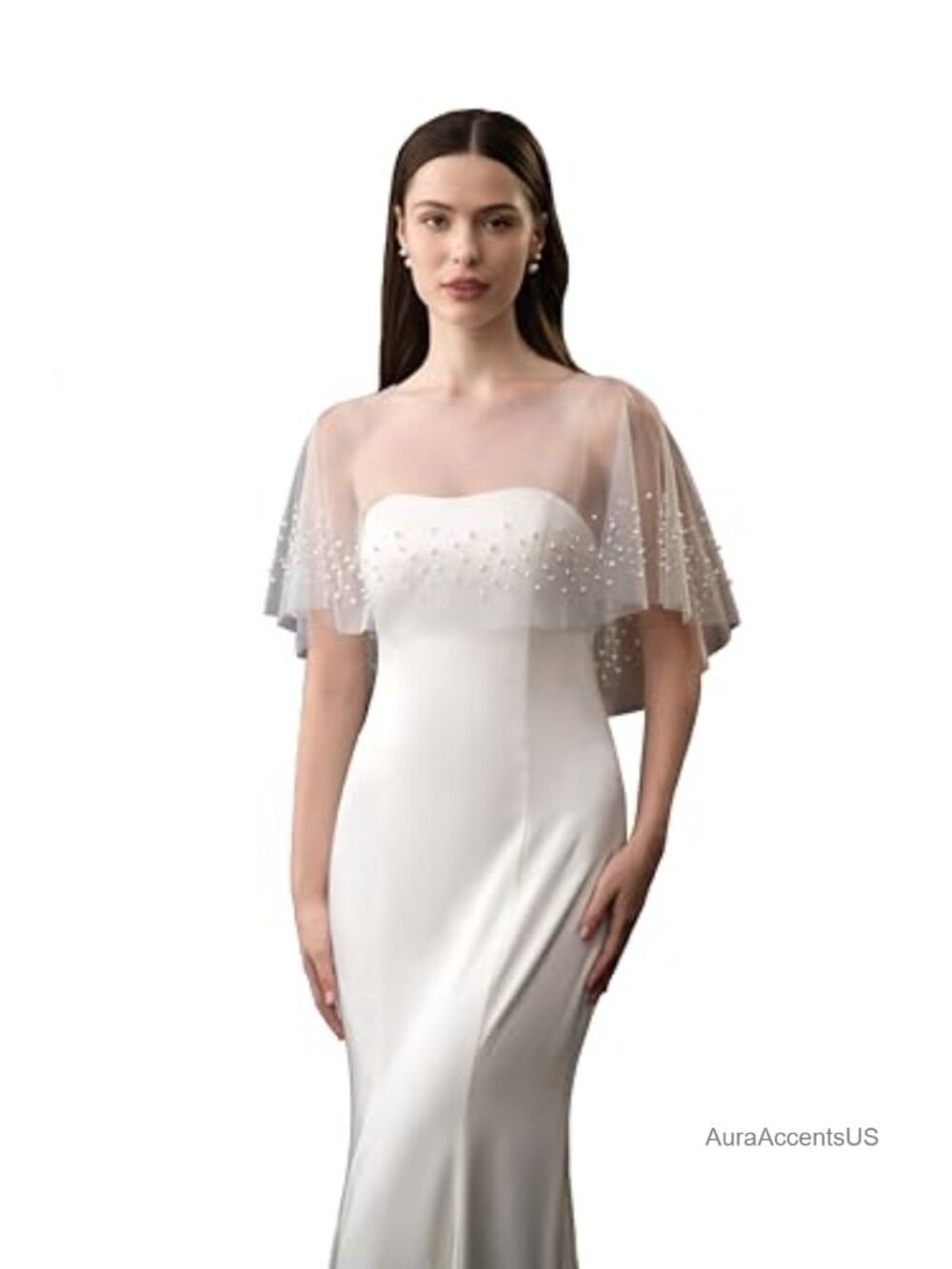 Bridal Tulle Shawl Shrug with Pearls Women's Wedding Cape Asymmetrical Shoulder
